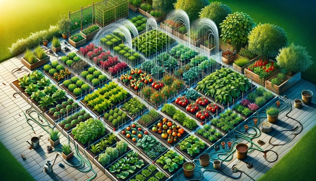 Image showing a neatly kept square foot garden with irrigation.
