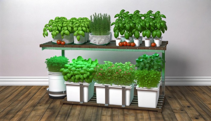 A variety of hydroponic herbs and vegetables on a table indoors.
