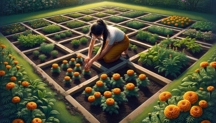 A woman with a ponytail planting marigolds in a square foot garden.