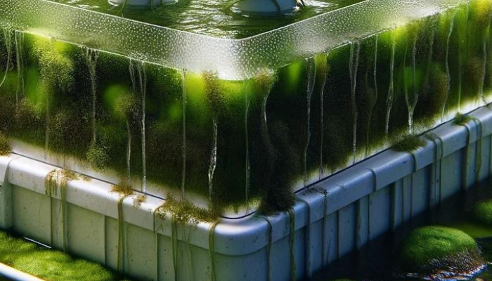 Abundant algae growth in a hydroponic water reservoir.