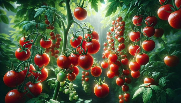 Ripe cherry tomatoes on healthy tomato plants.