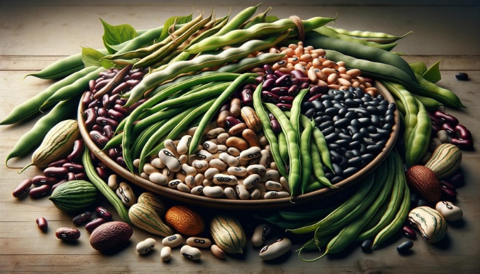 A variety of freshly harvested beans in a bowl on a table.