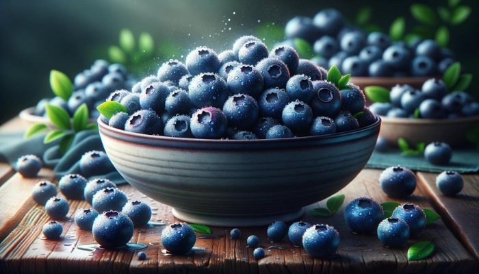 A bowl of freshly picked hydroponic blueberries on a kitchen table.