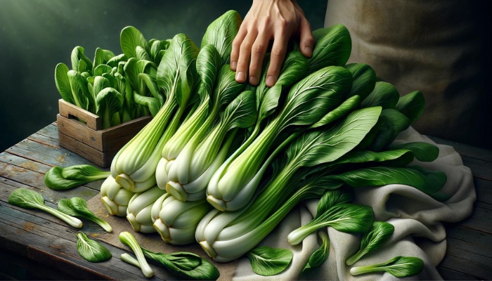 Freshly harvested bok choy on a table in front of a male gardener.
