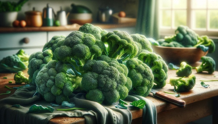 Freshly harvested hydroponic broccoli lying on a kitchen table.