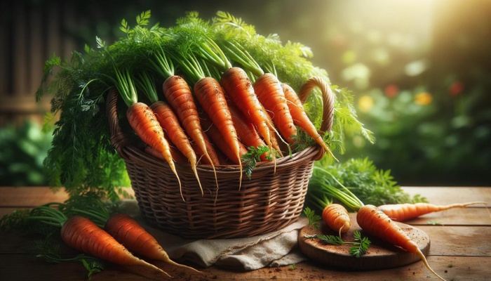 A basket of freshly harvested carrots with the tops still attached.
