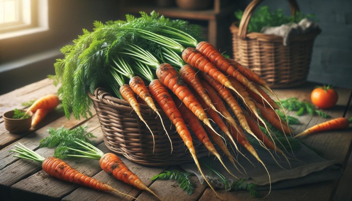 A bunch of freshly harvested carrots in a basket on a kitchen table.