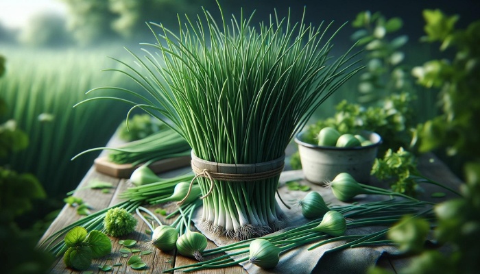 A bunch of freshly harvested chives from a square foot garden.