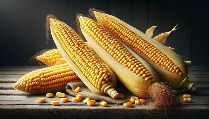 Several ears of freshly harvested corn with the shucks pulled back to show the kernels.