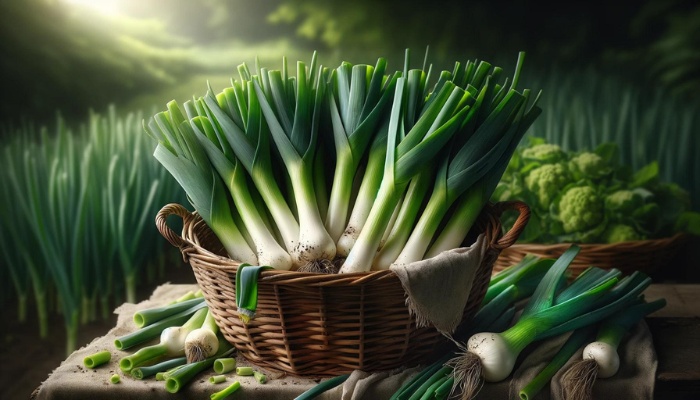 A basket of freshly harvested leeks sitting on a table outdoors.