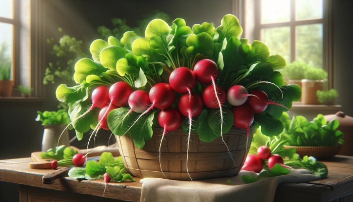 A basket of fresh radishes with the tops and roots still attached.