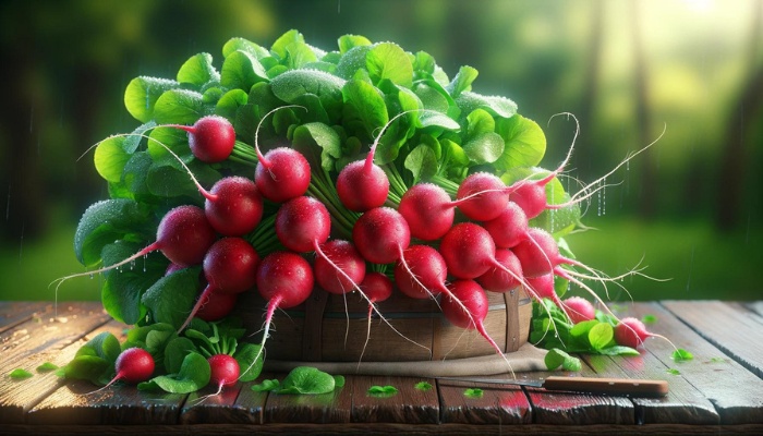 A bunch of freshly harvested radishes on an outdoor table.