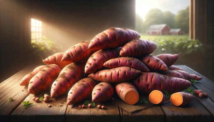 A pile of freshly harvested sweet potatoes on a kitchen table.