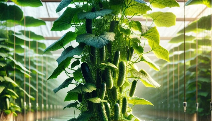 A large cucumber plant with lots of fruit growing hydroponically.