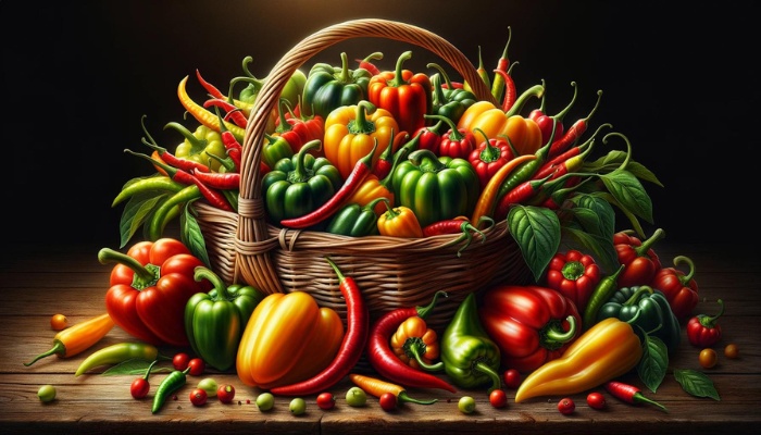 A variety of freshly picked peppers in a basket.