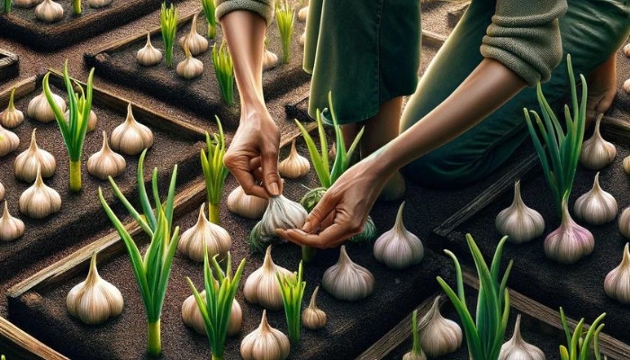 A woman harvesting garlic in a square foot garden.