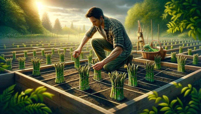 A man harvesting and bundling asparagus from his square foot garden.