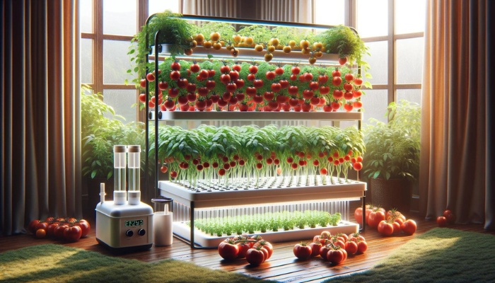 A home hydroponic setup for growing tomatoes.