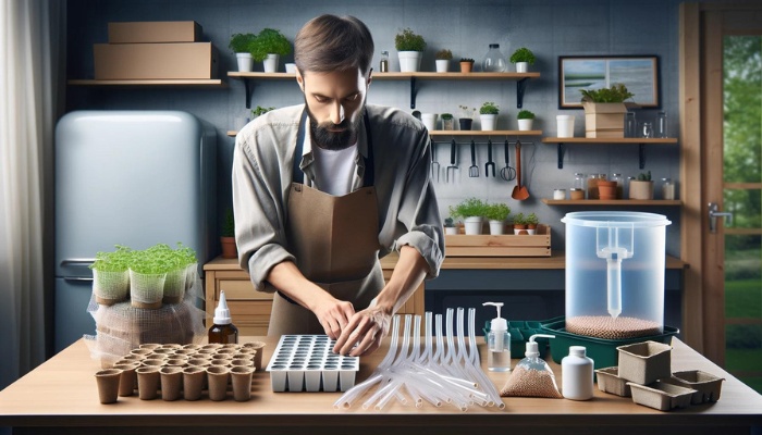 A man at his kitchen counter with a variety of components for a small hydroponic setup.