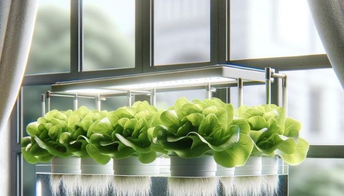 Lettuce growing in a hydroponic setup in front of a window.