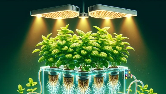 Hydroponic mint growing under grow lights.