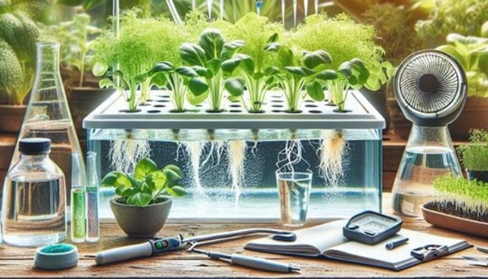 A small hydroponic setup with healthy plants showing white, vigorous root systems.