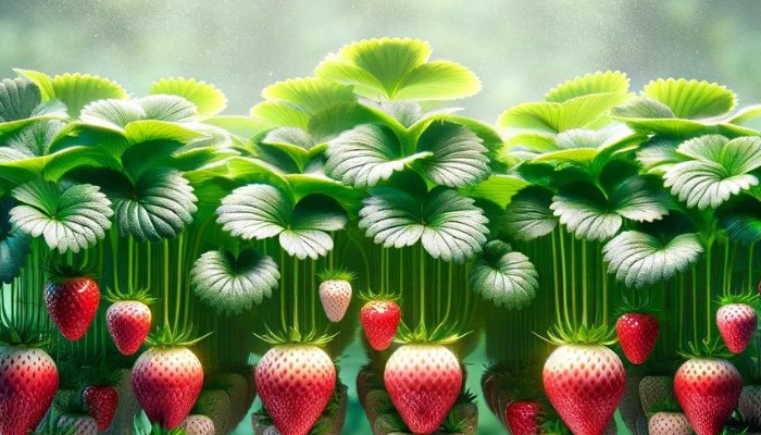 Healthy strawberry plants with berries growing in a hydroponic system.