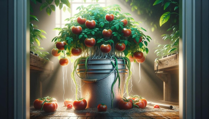 Tomatoes growing in a bucket with the Kratky method.