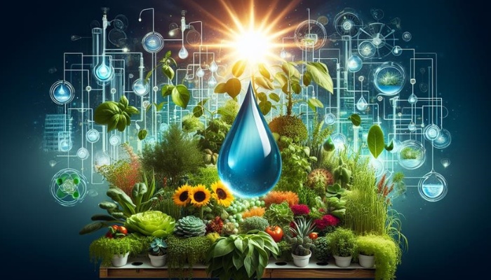 A large water droplet suspended over a group of hydroponic plants.