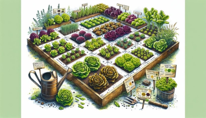 Varieties of lettuce in a square foot garden.