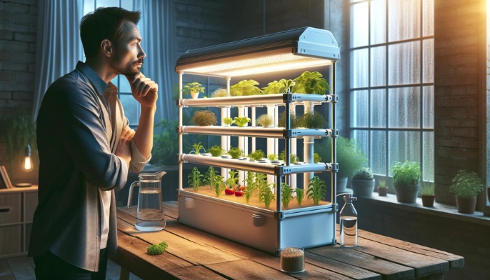 A man closely studying his home hydroponic setup with a pitcher of water on the table.