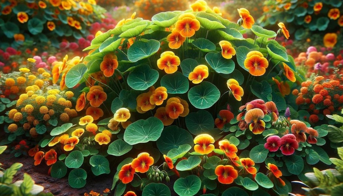 Nasturtiums blooming in a small garden bed.