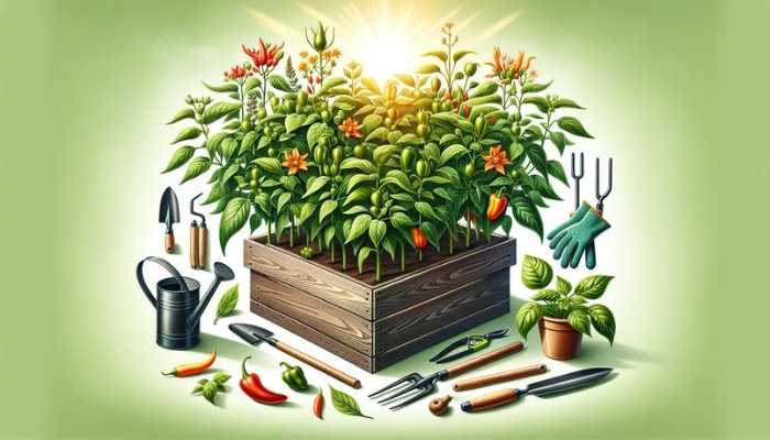 A variety of peppers growing in a square foot garden surrounded by gardening tools.