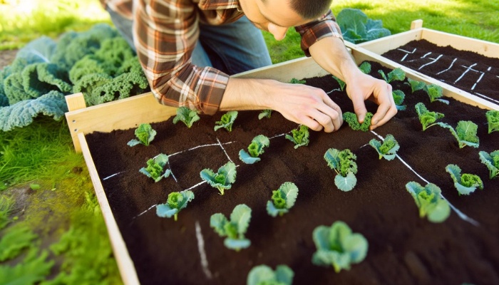 A gardener planting kale close together in a square foot garden.