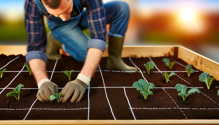 A man planting kale plants in his square foot garden.