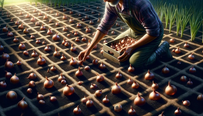 A gardener planting onion bulbs in a square foot garden.