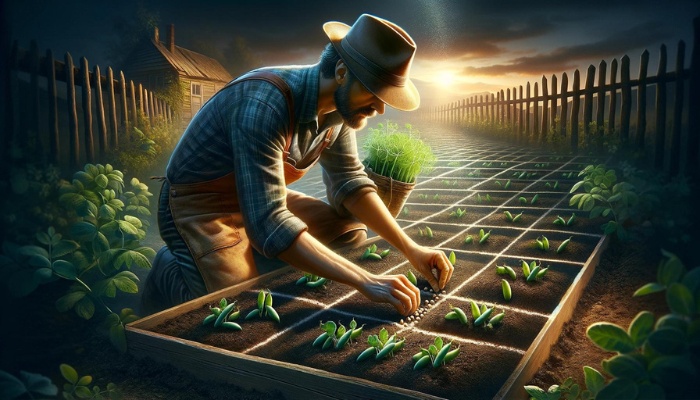 A gardener planting peas in the squares of a square foot garden.