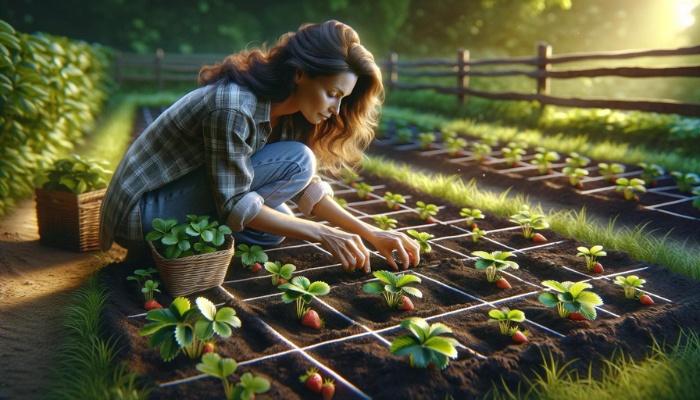 A woman planting strawberry plants in her square foot garden.