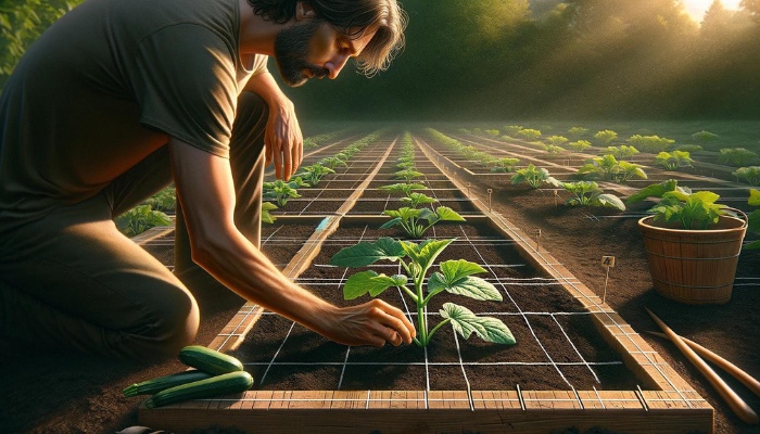 A man planting zucchini plants in his square foot garden.