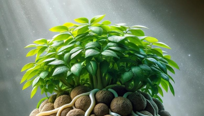 A healthy plant with its roots supported by LECA balls.