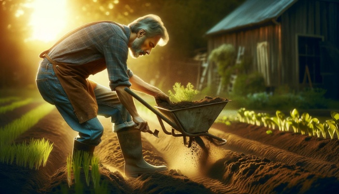 A gardener preparing the soil for planting crops.