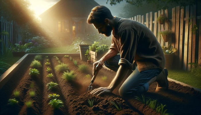 A gardener preparing the soil in a small garden for planting seedlings.