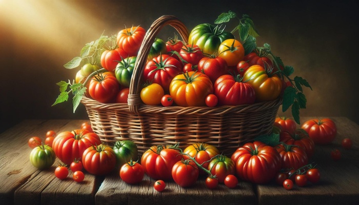 A wicker basket filled with beautiful ripe tomatoes of several varieties.