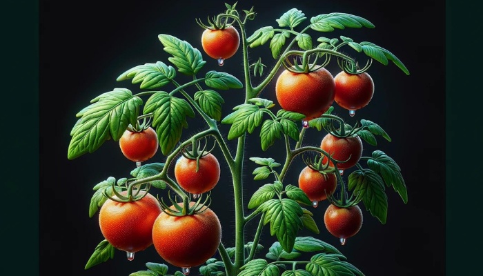 Ripe tomatoes on a healthy tomato plant.
