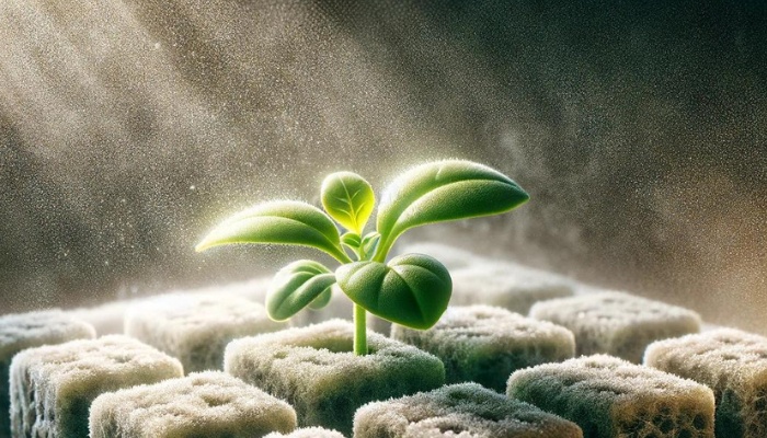 A single seedling growing in a rockwool cube with a light mist falling.