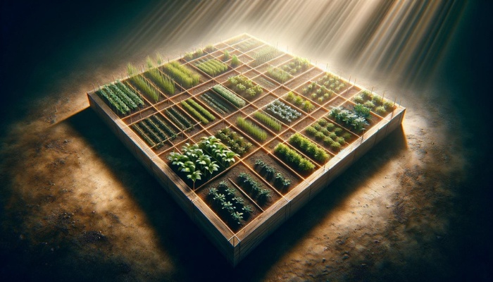A square foot garden grid planted with a variety of plants.
