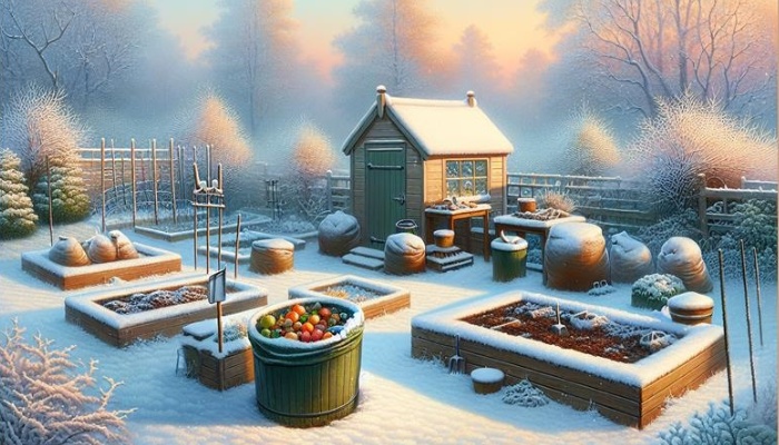 A square foot garden and garden shed covered in snow in the winter.