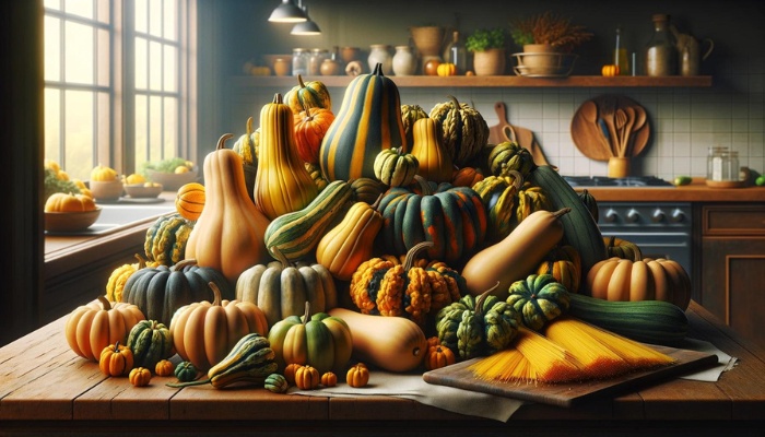 Different varieties of squash in a pile on a kitchen counter.