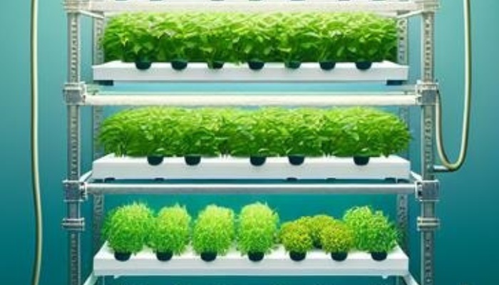 A hydroponics system with trays stacked vertically to save space.