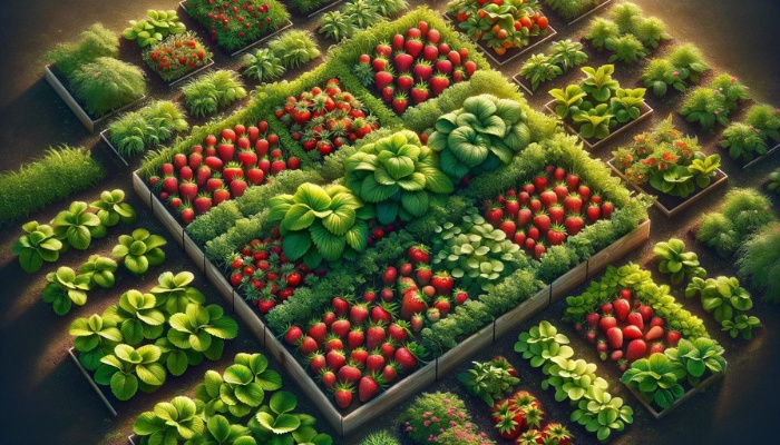 Several squares of a square foot garden planted with strawberry plants.